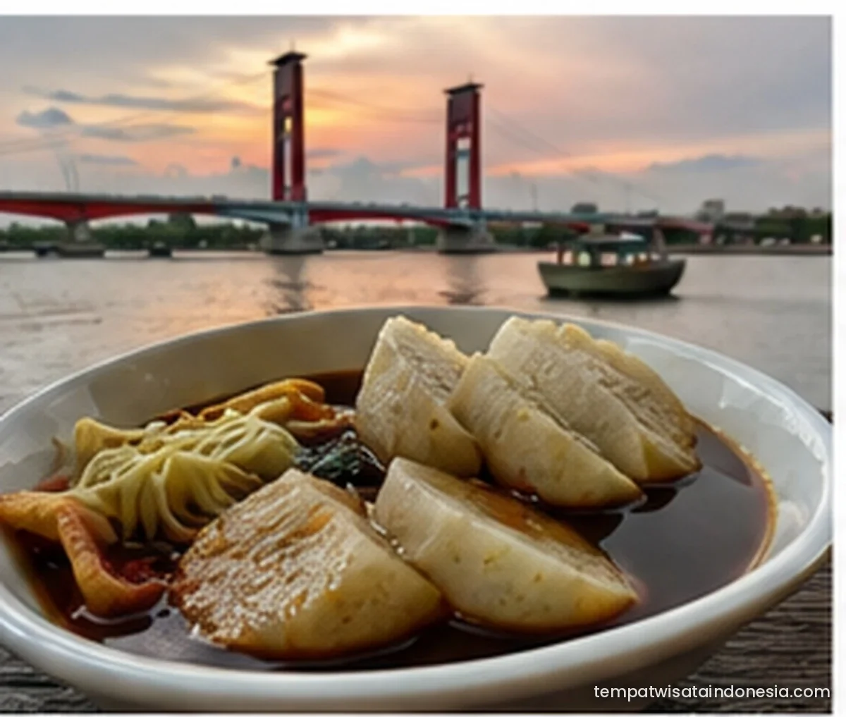 Pempek Palembang dengan beberapa jenis pempek dan kuah cuko dalam sajian tunggal. Foto dibuat khusus untuk materi TWI pada 2026.