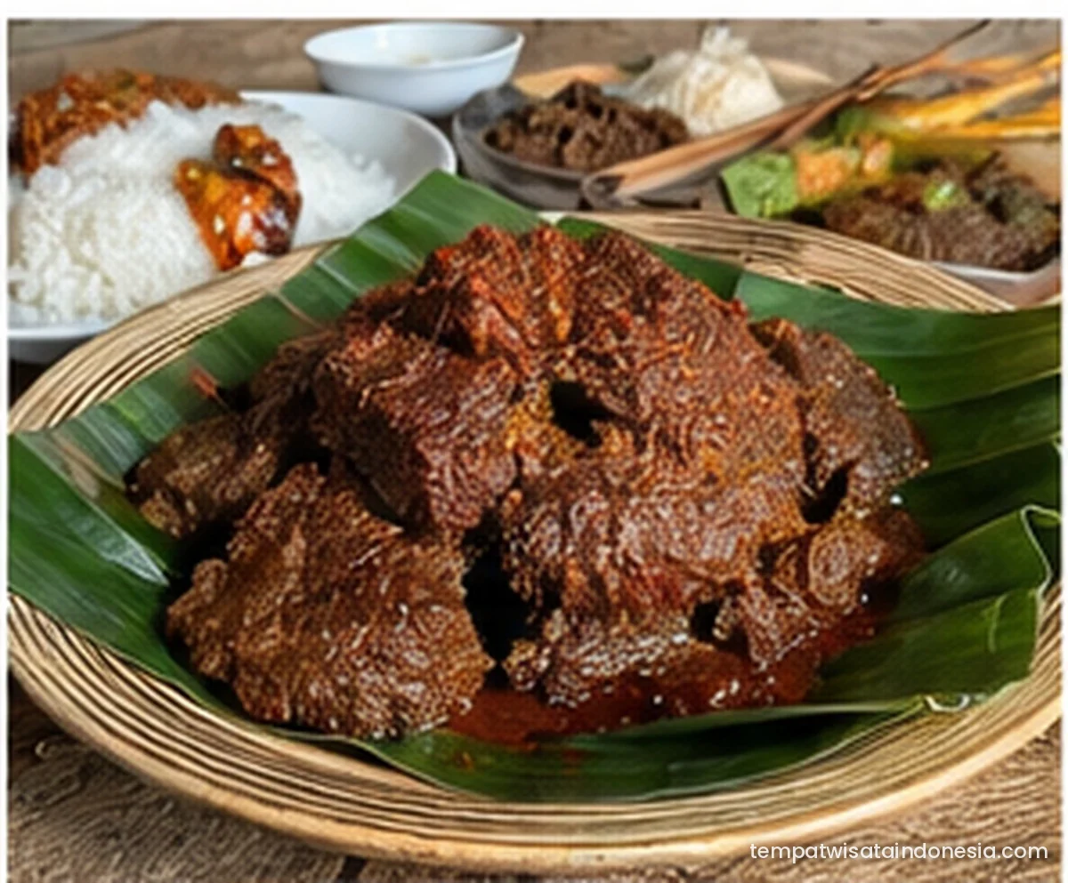 Rendang daging dengan bumbu pekat dan serundeng rempah, disajikan di atas daun pisang. Foto dibuat khusus untuk materi TWI pada 2026.